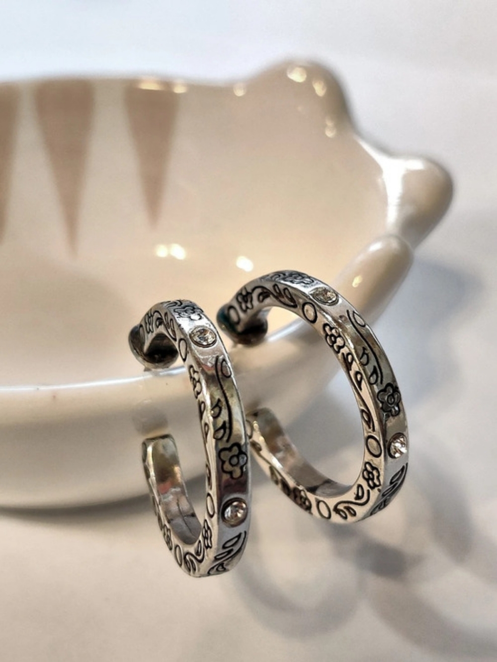Brighton Engraved Floral Hoop Earrings in Silver